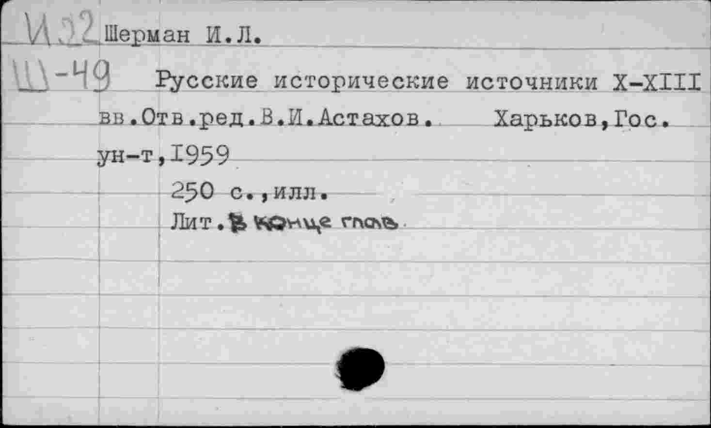 ﻿У\ ^2.Шерман И. Л.
—_-и9	Русские исторические источники Х-ХШ вв.Отв.пел.В.И.Астахов.	Хапьков. Гог..			
	ун-т	. ТОЧО	
		7 Г» _ ТА ТТТ1	
		Лит ^«Оул\1.е	г
			
			
			
			
			